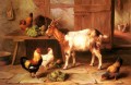 Ziege und Hühner Fütterung in einem Cottage Interior Bauernhof Tiere Edgar Hunt